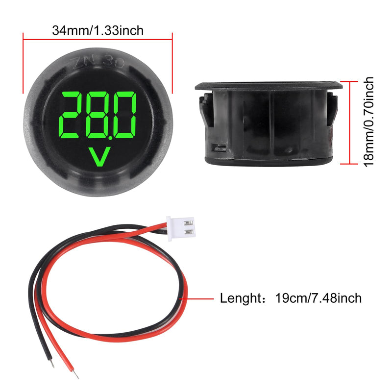 3pcs DC 4-100V LED Digital Display Circular Two-Wire Voltmeter DC Digital Voltmeter Head Display Reverse Connection Protection(Green) Green