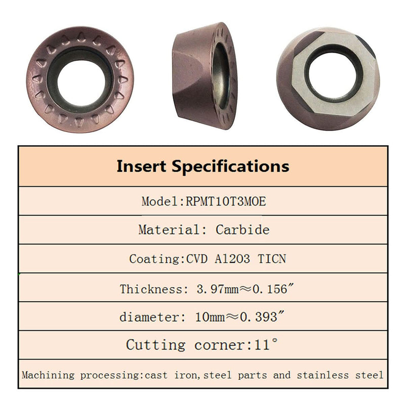 11pcs RPMT10T3 MOE R5 Indexable Carbide Milling Inserts Blade Milling Cutter with 5/8"/16mm SRDPN1616H10 Indexable Carbide Milling Tool Holder Metal Lathe Cutting Tools