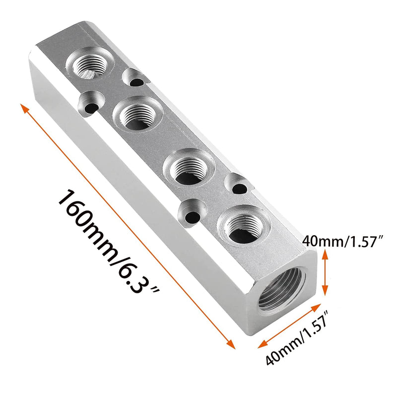 4 Way Pneumatic Manifold Air Distribution Block, G1/2 Supply Port, G1/4-Inch Output Port,Pneumatic Air Compressor Manifold Fitting，Aluminum Alloy，Large Flow （40x40mm） 4 Way 6 Port 40x40mm