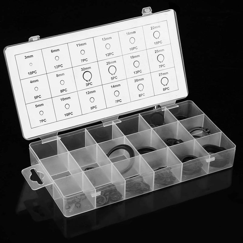150pcs Black C Clips Snap Ring Shop Assortment Internal External Lock Snap Retaining Ring Metal Circlip for Industrial Fasteners 18 Sizes with Box Size 3mm - 32mm