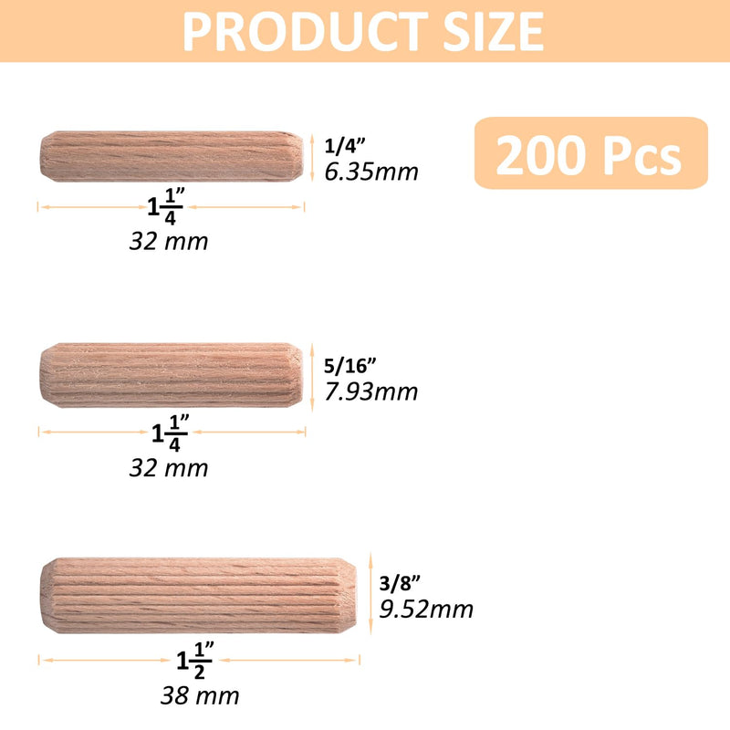 1/4-Inch Wooden Dowel Pins - 200 Pcs 1/4 x 1-1/4 inch Fluted Wood Dowels Rods,Hardwood Crafts Dowel Pegs ,Beechwood 1/4 Inch - 200 Pcs