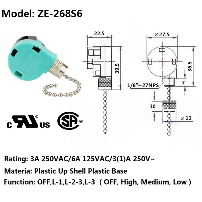 Ceiling Fan Switch 3 Speed 4 Wire Zing Ear ZE 268S6 Pull Chain Switch Control Replacement 3 Speed Control Switch Ceiling Fans, Wall Lamps, Cabinet Light ZE-268S6 Nickle 1Pack