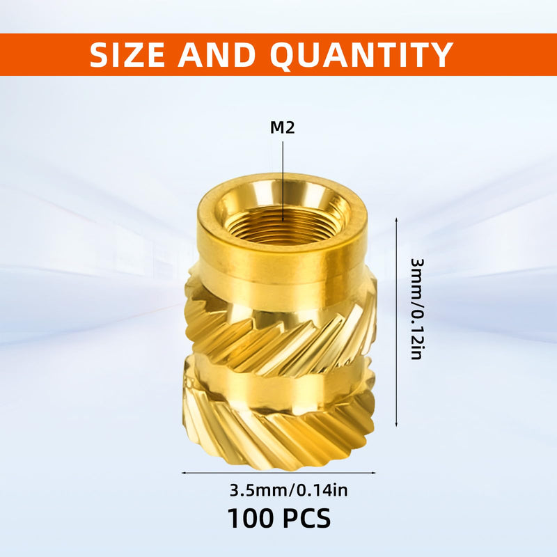 M2 Threaded Inserts, M2 x 3mm x 3.5mm Metric knurled Nuts, 3D Printing Brass Nuts Female Threaded Inserts Brass Heat Set Insert Embedment Nut, 100 PCS