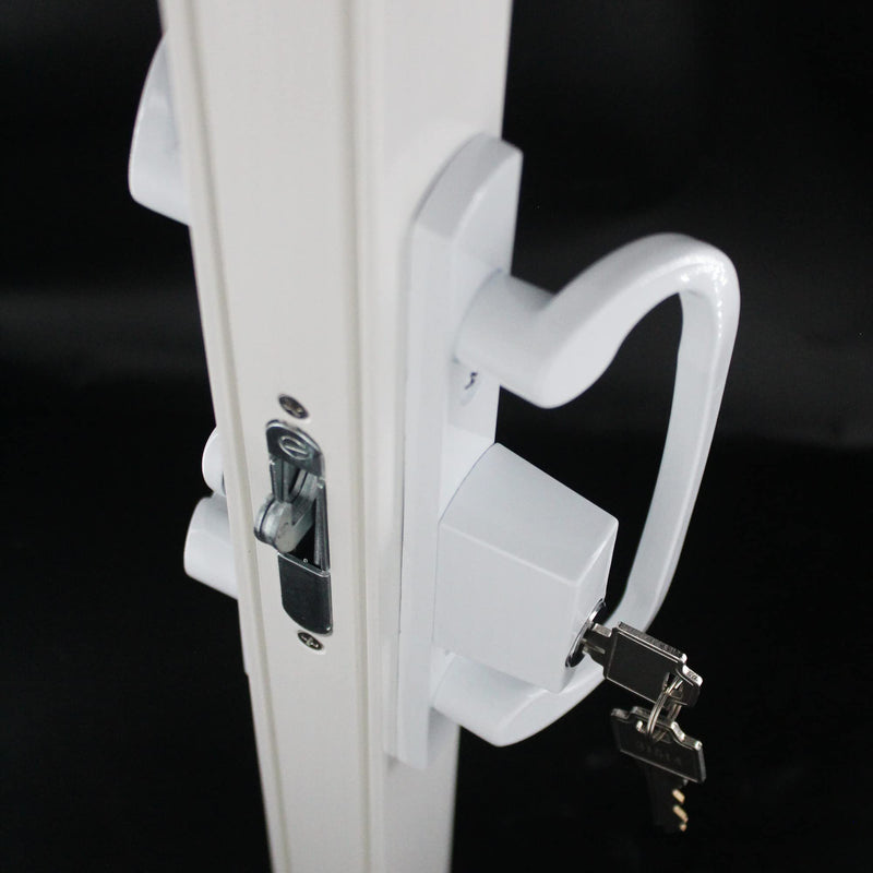 Patio Door Handle 3-15/16 Inch(10cm) Hole spacing（Right and Left Handed White Sliding Door Handle Set Mortise Style, keyed（Offset Position） offset position