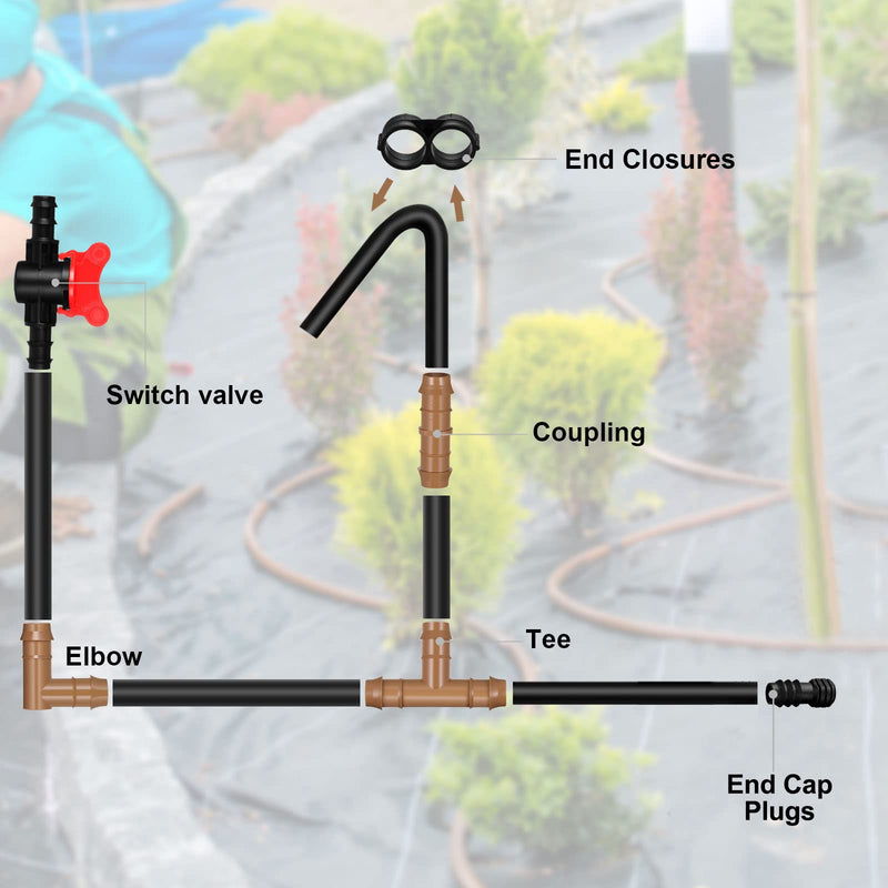 64 Pcs Drip Irrigation Fittings Kit 1/2 Inch Tubing Set Including 4 Switch Valve, 12 Elbows, 12 Couplings, 12 End Cap Plugs, 12 Tees and 12 End Closures Drip for Compatible Drip or Sprinkler Systems