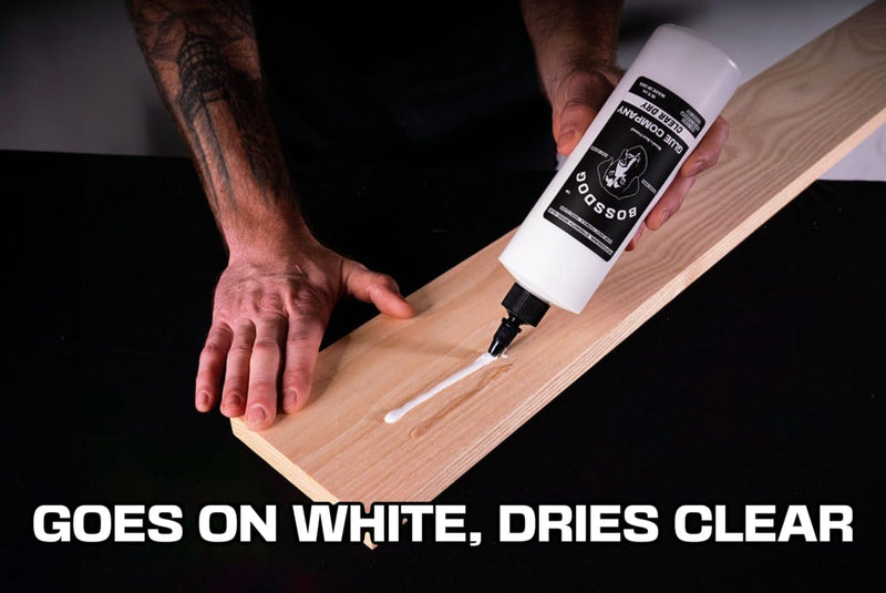BOSSDOG Clear Dry Wood Glue 16 fl oz. Strong Bond, Fast Drying, Cutting Board Safe, Dries Clear, Carpentry Projects, DIY Home Repair, Woodworking, Furniture Repair. Made by a Maker, for Makers