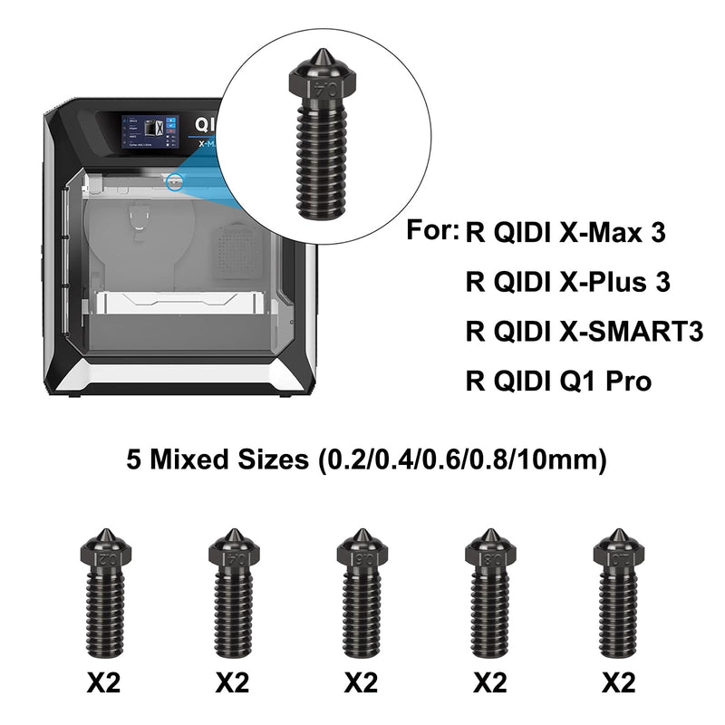 10PCS Mixed Sizes Hardened Steel Nozzles for R QIDI Q1 Pro/X-Max 3 / Q1 Pro/X-Plus 3 / X-Smart 3 3D Printer, 2PCS 0.2/0.4/0.6/0.8/1.0mm Extruder Hotends Nozzles for R QIDI 3D Printer Parts 10PCS Hardened Steel Nozzle