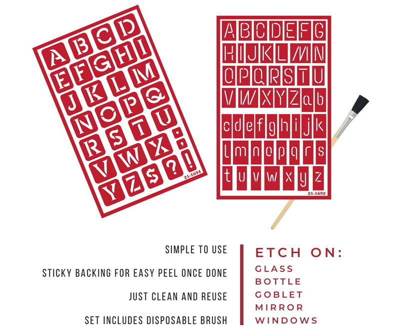 2 Reusable Glass Etching Stencils - Etching Letter Stencils Set - Contemporary Etch Letters Stencils, Neon Alphabet Upper and Lower Case Self Adhesive Etch Stencil with Brush
