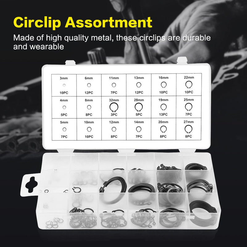 150pcs Black C Clips Snap Ring Shop Assortment Internal External Lock Snap Retaining Ring Metal Circlip for Industrial Fasteners 18 Sizes with Box Size 3mm - 32mm