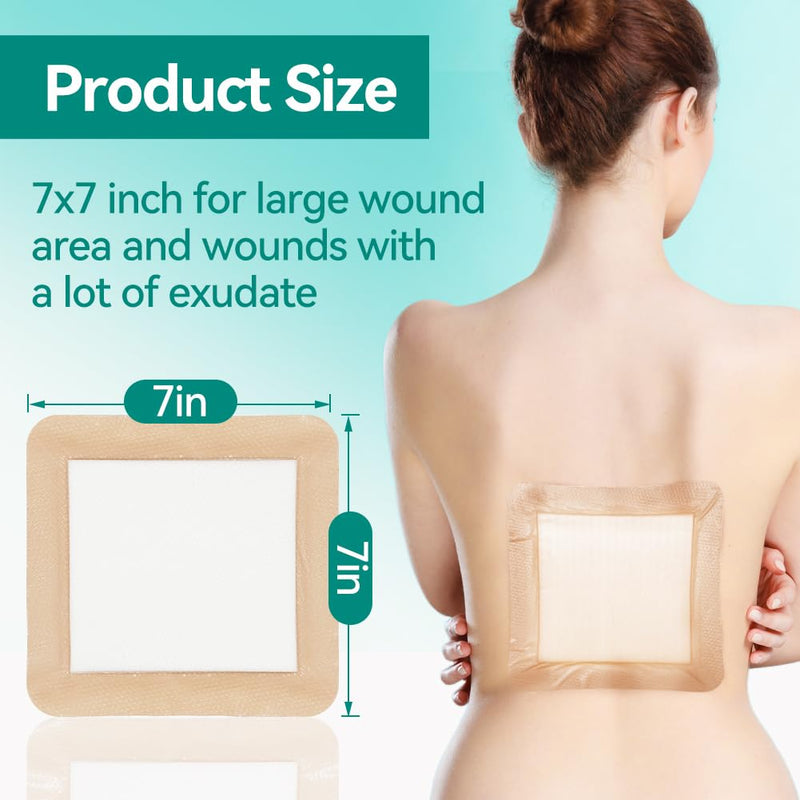 Dimora Large Bandage Ultra Soft Wound Dressing - Bordered Silicone Adhesive Foam Dressing 7"x7" (5"x5"pad) for Bed Sores,Burn Treatment,Large Surgical Wound,Diabetic Ulcers,5 Pack 7 x 7inch(5 PCS)