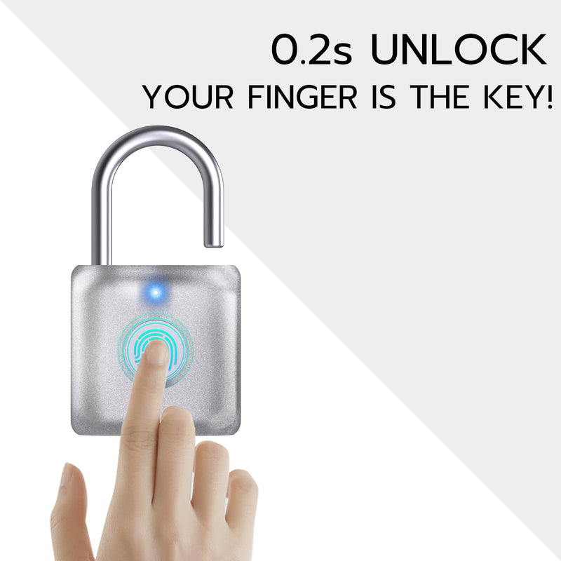 Pothunder Fingerprint Padlock, Smart Padlock, Locker Lock, Biometric Metal Keyless Fingerprint Lock, USB Rechargeable, for Gym Locker, Locker, Luggage, Backpack(Silver) Silver