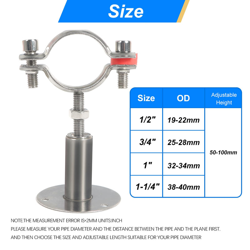 Kodilin 4PCS 304 Stainless Steel Wall Mount Ceiling Mount Pipe Supports,Suitable for OD Pipe 1"(32-34mm),Adjustable Height 50-100mm,Adjustable Pipe Strap Clamp with Screws 1"(32-34mm)