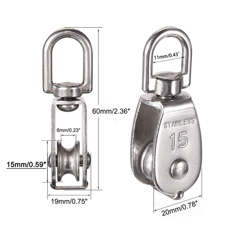 12Pcs Single Pulley Block (M15), AUHOKY 304 Stainless Steel Hanging Wire Towing Wheel, Swivel Lifting Wire Rope Cable Pulley Roller, Max-Load 35kg/77lbs 12 Pcs