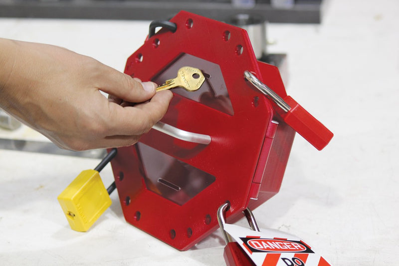 Accuform KCC620 STOPOUT Look 'n Stop Compact Group Lock Box, 7-3/4" Length x 7-3/4" Width x 4" Depth, Plastic, Red
