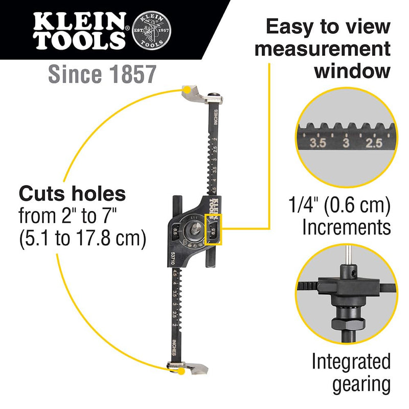 Klein Tools 53710 Hole Saw, Adjustable Circle Hole Cutter with Dustbowl, Integrated Vacuum Port, for Drywall and Ceiling Tiles, 2 to 7-Inch Quick-Adjust