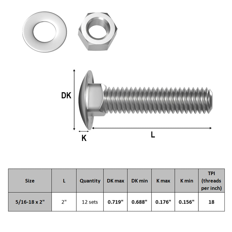 5/16-18 x 2" Carriage Bolts Screws 12 Sets, 304 Stainless Steel 18-8, Round Head Square Neck, Carriage Bolts and Nuts Kit, with Flat Washers 5/16-18 x 2" (12 Sets)
