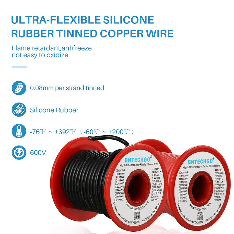 BNTECHGO 16 Gauge Silicone Wire Spool red and Black Each 50ft Flexible 16 AWG Stranded Tinned Copper Wire silicone wire 50ft red and 50ft black