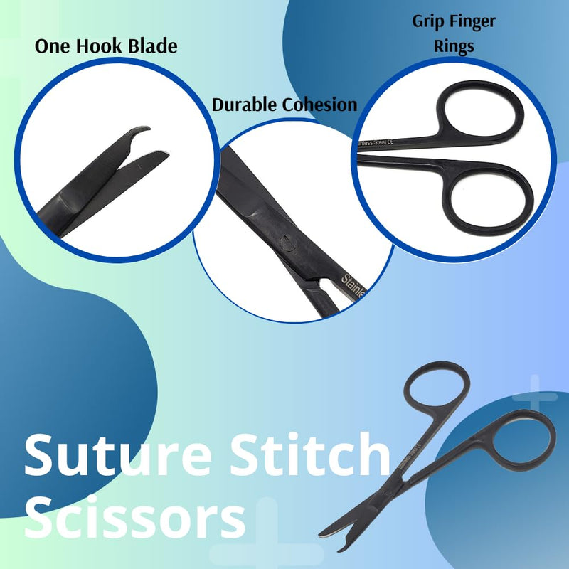 Spencer Stitch Scissors Stainless Steel With One Hook Blade Surgical Instruments For Sutures Cutting Student Training (Black 3.5")