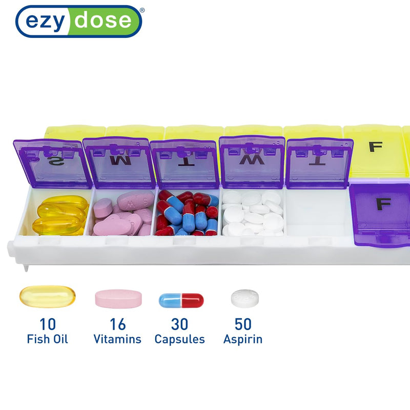 EZY DOSE Pill Organizer Weekly AM/PM (7-Day), Medicine Planner, Vitamin Case/Box, 2X-Large Locking Compartments to Secure Prescription and Prevent Accidental Spilling, Purple and Yellow, BPA Free