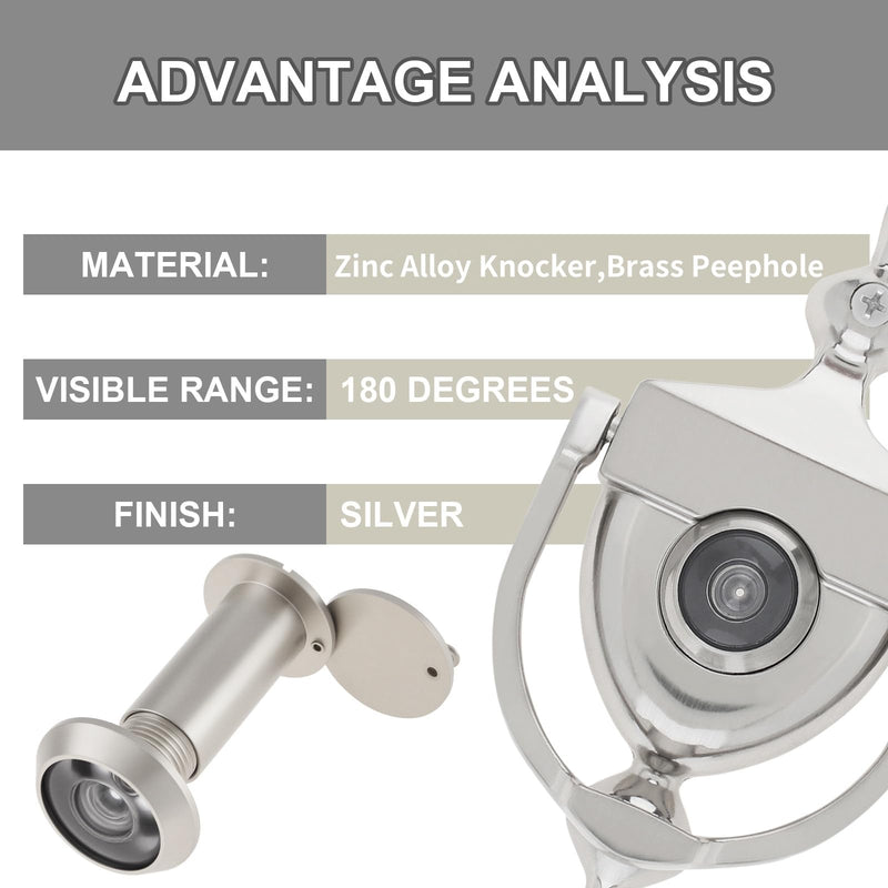 Door Knocker and Viewer, 6 Inch Height Knocker, 180-Degree Solid Brass Peephole with Privacy Cover, 9/16 inch Bore, for 1-3/8" to 2-1/4" Thickness Door (Brushed Nickel) Brushed Nickel