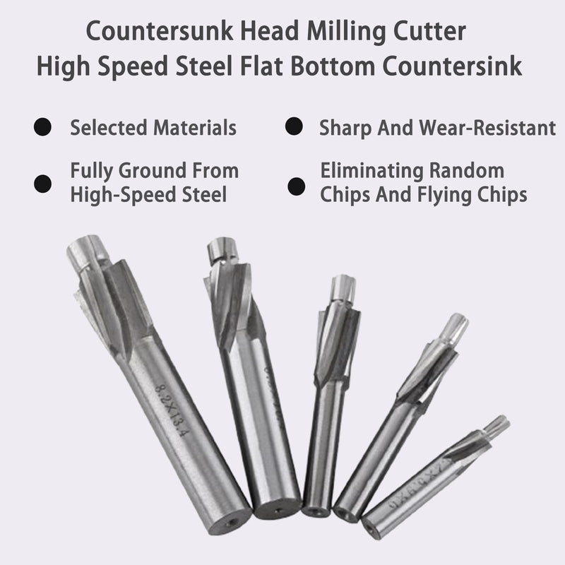 Counterbore Drill Bit, 5pcs M3-M8 Countersink End Mill Cutter Slot Drill Bits Tool 4 Flutes HSS-AL High Speed Steel End Mill for Milling of Copper, Aluminum, Steel, Cast Iron