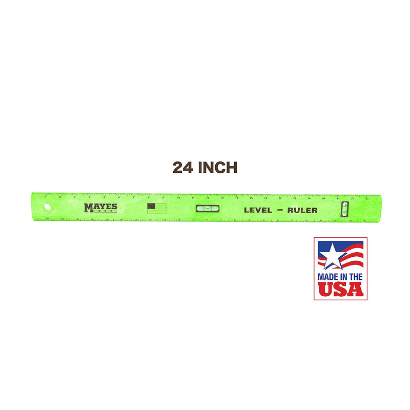 Mayes 10743 Polystyrene Level Rule, 24 Inch Leveler Tool, Straight Edge, Easy to Read Center Finding Measurements, With Plumb and Level Vials, Green Standard
