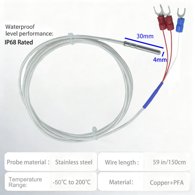 RTD PT100 Temperature Sensor Three-Wire System，Stainless Steel Probe(0.16" x 1.2") Temperature Range:-50℃-200℃ (59in)