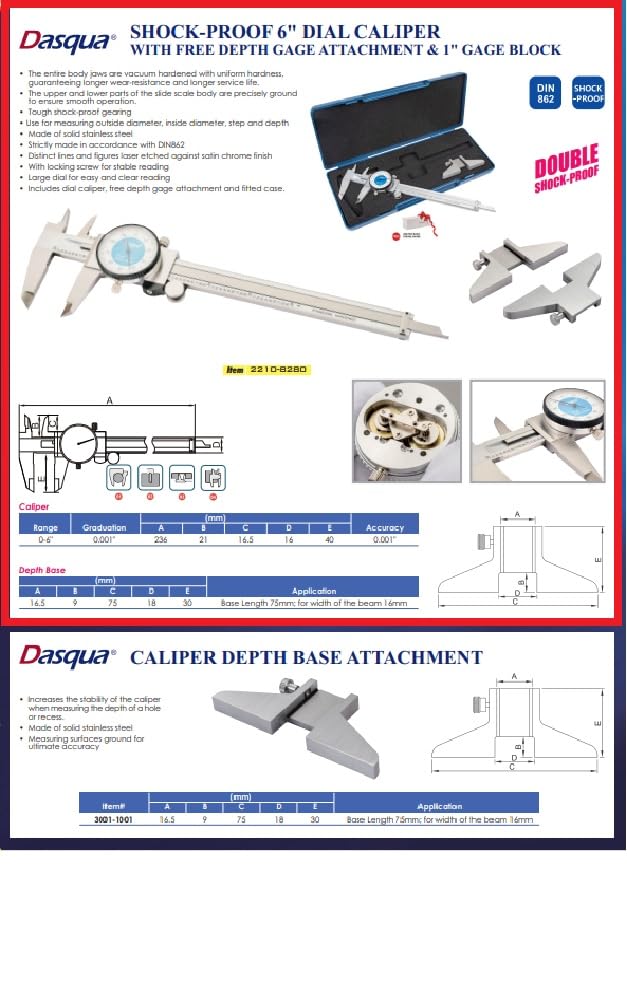 Dasqua 2210-8280 0-6" Stainless Steel Dial Caliper with Depth Gage 0-6" & Depth Gage Attach.