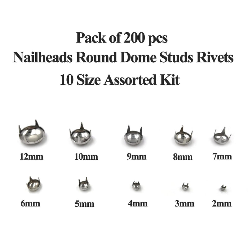 Honigo 200pcs Nailheads Dome Studs Rivets Silver Metal Solid Brass 2/3/4/5/6/7/8/9/10/12mm 4 Prongs Spikes Spots for Leather Craft Clothes Belt Bag Shoes Decorations Totes DIY Craft Round-Silver 200 Pack 2/3/4/5/6/7/8/9/10/12MM