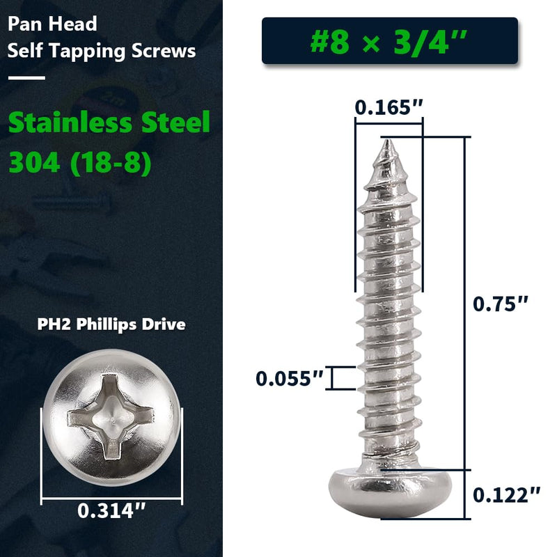 #8 x 3/4" (100 Pack) Stainless Steel Phillips Pan Head Wood Screws, Stainless Steel 304 (18-8), Pan Head Sheet Metal Screws Self Tapping Screws #8 x 3/4" 100