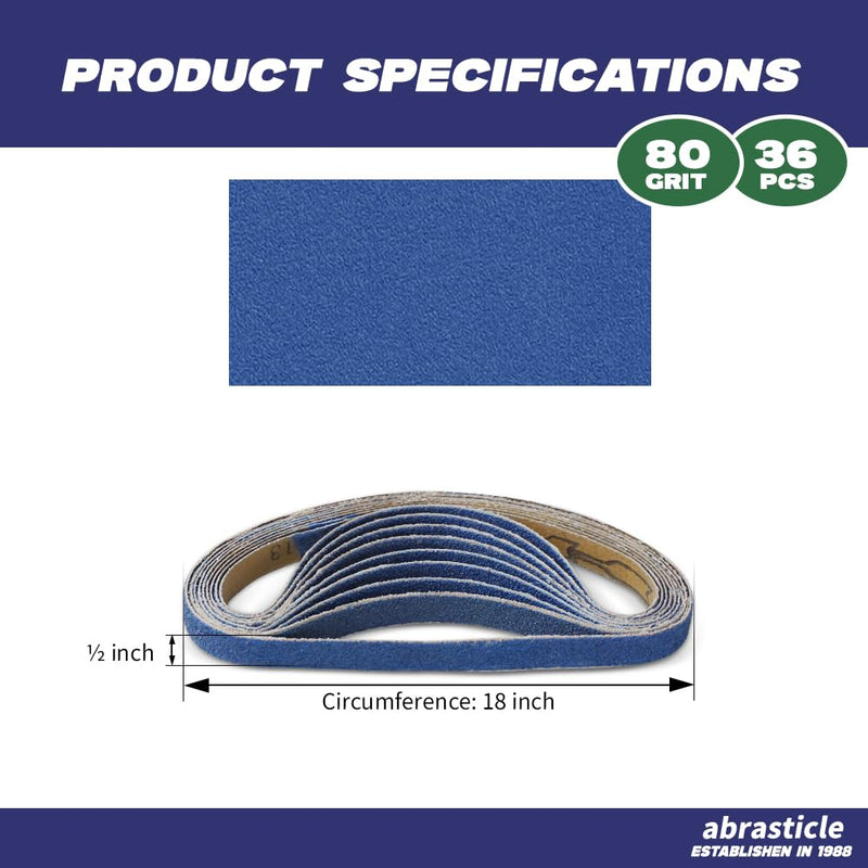 1/2" x 18" Zirconia Sanding Belts for Metal - 1/2 x 18 Inch Zirconia Metal Grinding Sand Paper, 36 PCS 80 Grits, Perfect for Knife Blade Sharpening, Metal Polishing, Derusting, Woodworking 1/2" x 18" 80 Grit(36 pack)