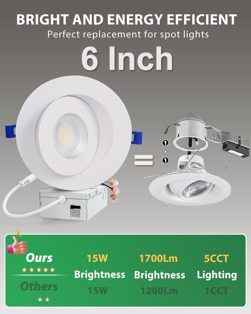 zouzai 6 Inch Gimbal LED Recessed Lights, White, 1 Pack, with Junction Box, 360°+ 90° Adjustable, 5CCT 2700K-5000K, Dimmable, Canless Eyeball Downlight, CRI90+, 1700LM 15W 120V, ETL White-6 inch