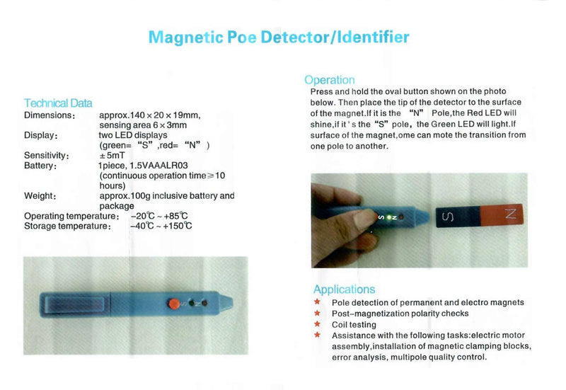 Magnetic Polarity Tester with ±5mT Sensitivity, One-Button Operation for Electric Motors/Coils/Magnets Assembly - LED N/S Detection Pen, Portable Gauss Meter with 10-Hour Battery