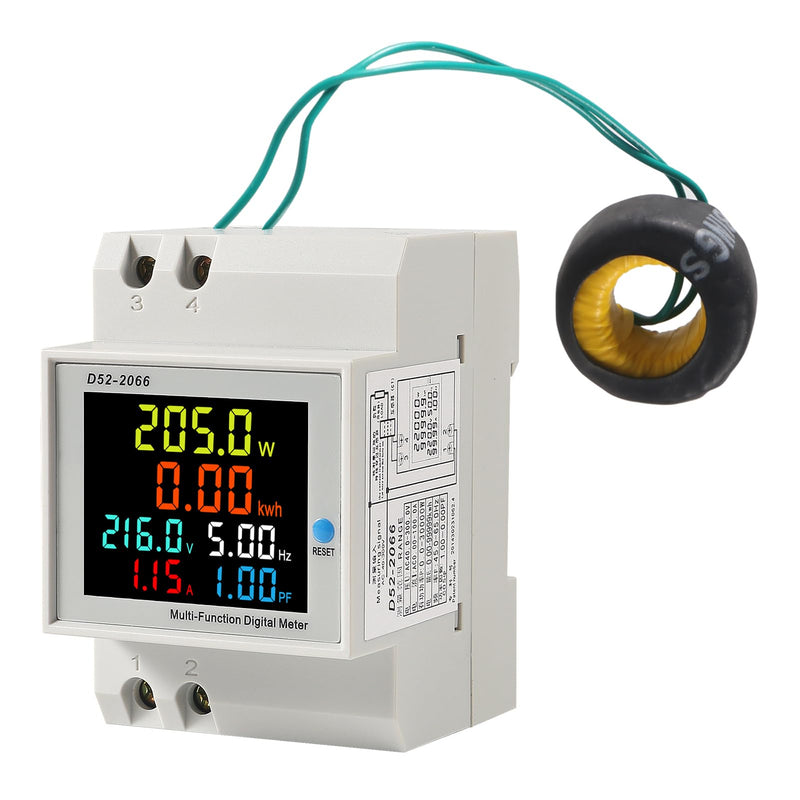 2Pack Single Phase Energy Meter Din Rail Electricity Usage Monitor AC 40-300V 100A Voltmeter Ammeter Watt Kwh Frequency Power Meter External CT 110V