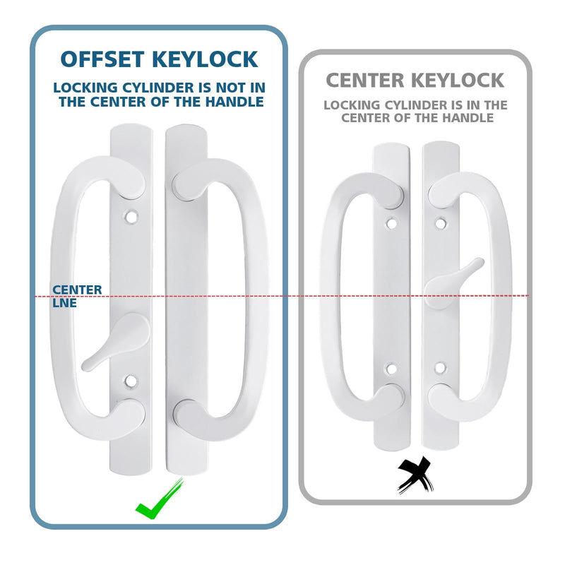 Keyed Sliding Patio Door Handleset, 45° Keyway, 3-15/16" H.C., Fits 1-3/8" to 2" Thick Doors, Non-Handed, White Diecast, Offset Position with Mortise Lock and Keeper｜Off Center Thumb Latch Keyed With Latch Lock+Keeper