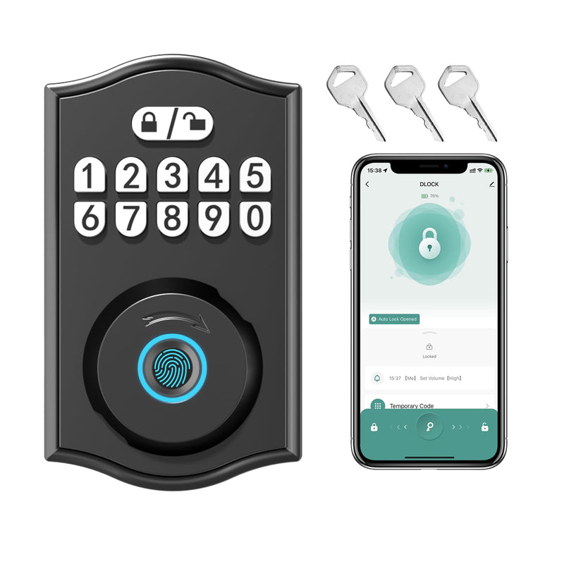 Smart Door Lock - Keyless Entry with Fingerprint/Bluetooth APP Control/Password, Auto Lock, One Time Code, Black