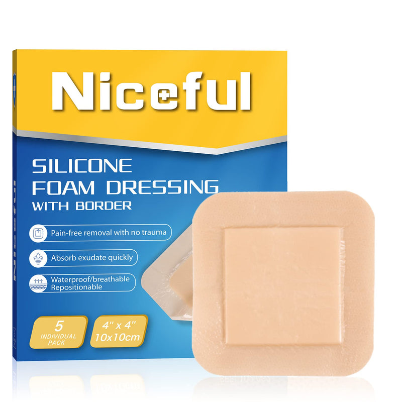 Silicone Foam Dressing 4"x4", Waterproof Silicone Bandages with Border Adhesive, High Absorbency Bed Sore Bandages Wound Care Dressing (2.5"X2.5" Pad), 5 Packs, FSA HSA Eligible 4x4 Inch (5 Pcs)