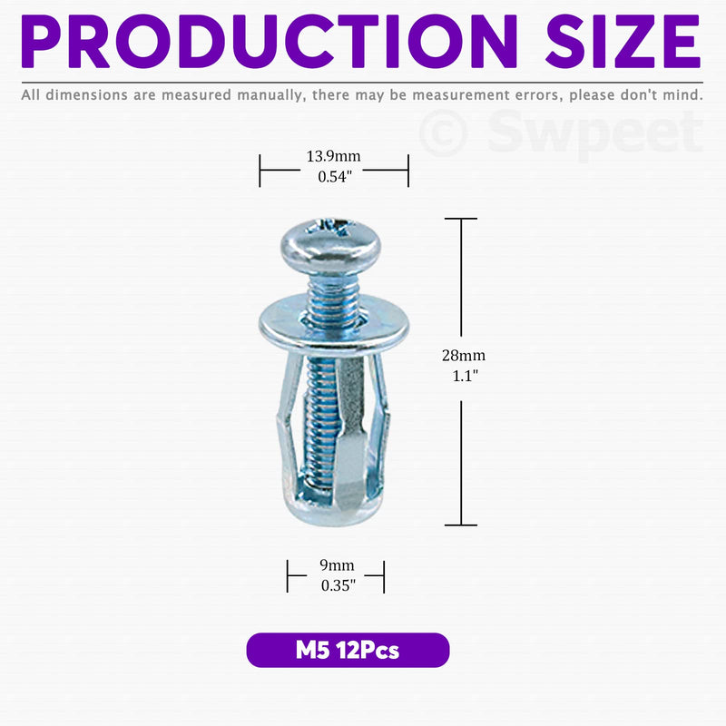 Swpeet 12Pcs M5 x 25 Jack Nuts Petal Nuts Expansion Nut Thins Fixings Dowels with Screws Assembly for Hollow Wall Iron Skin Line Use in Thin Soft Wall (M5 x 25)