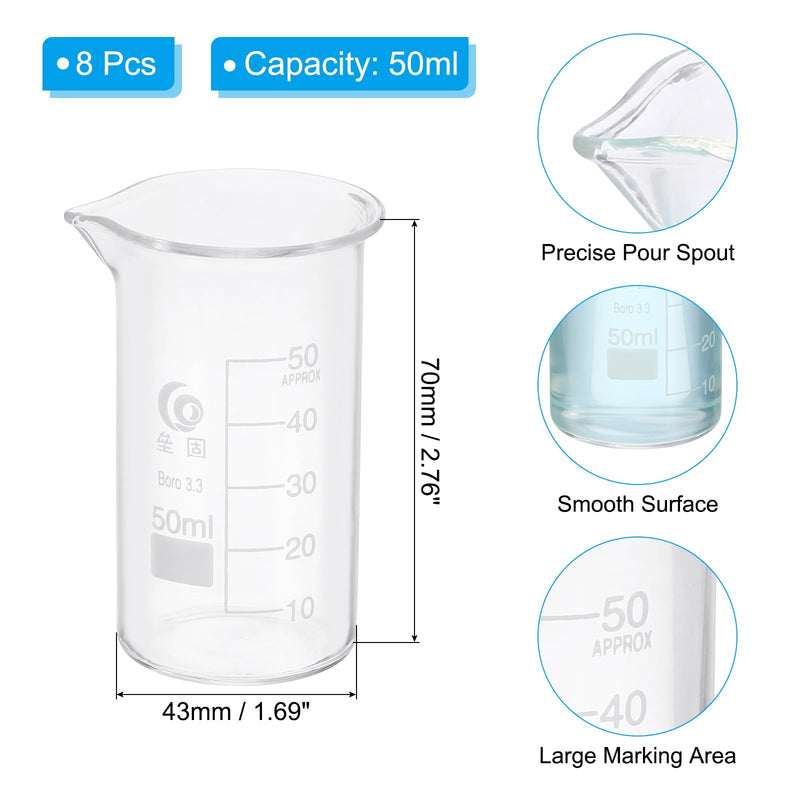 PATIKIL 50ml Tall Glass Beaker, 8Pcs 3.3 Borosilicate Glass Beakers Graduated Measuring Cup with Spout for Lab Experiment, Cooking and Baking, Clear