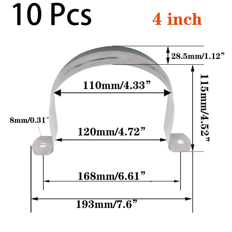 10 Pcs 4inch Rigid Pipe Strap,Two Hole Stainless Steel Strap U Bracket, Widened Tube Strap Tension Clip Assortment Kit Heavy Duty Pipe Clamp for Pipe Fixing（110mm） 4inch(10 Pcs)