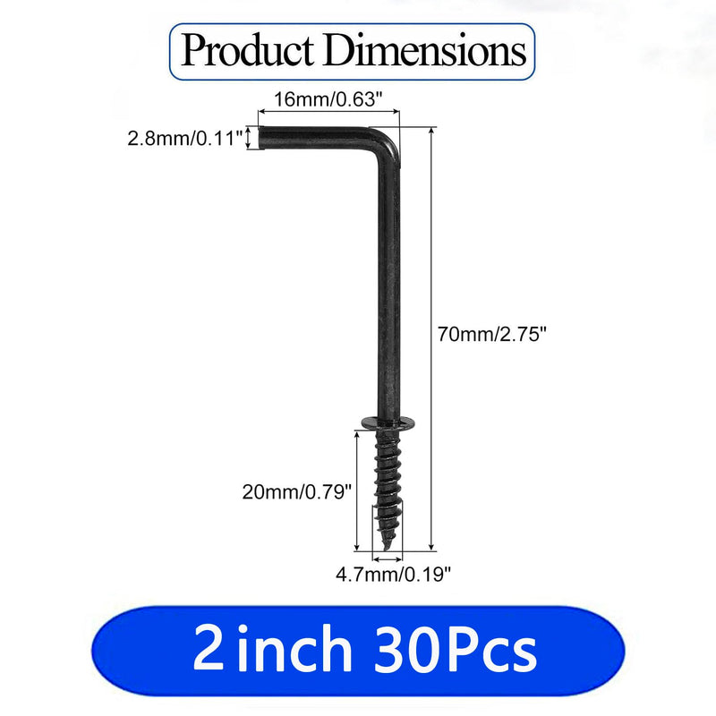 30Pcs Gun Black 2 Inch L Shape Screw Hooks L Shape Hooks 7 Shape Right Angle Medal Hooks, for Home/Workplace/Office