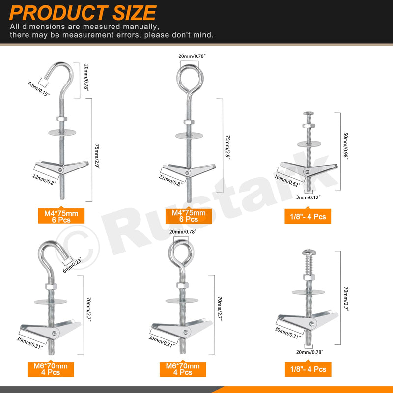 30Pcs M4 M6 Toggle Bolts Assortment Kit Toggle Anchors Spring Toggle Wing Bolts Heavy Duty Eye Bolt and Ceiling Hooks Butterfly Toggle Anchors for Drywall Hanging Plants