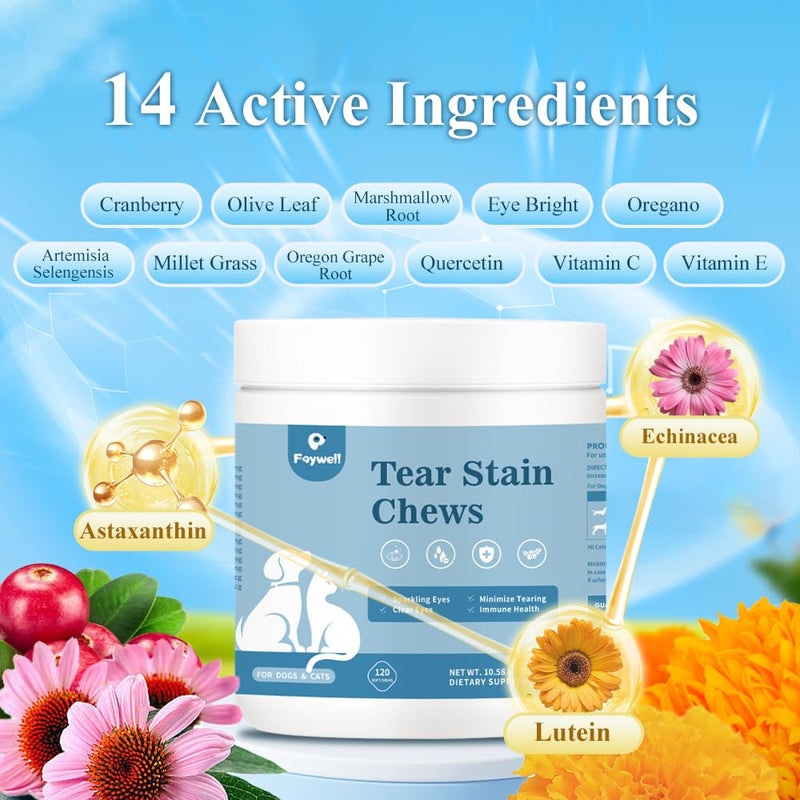 Tear Stain Chews Supplement for Dogs & Cats, Minimize Tearing, Lutein and Astaxanthin Support Eye Health, 120ct/300g