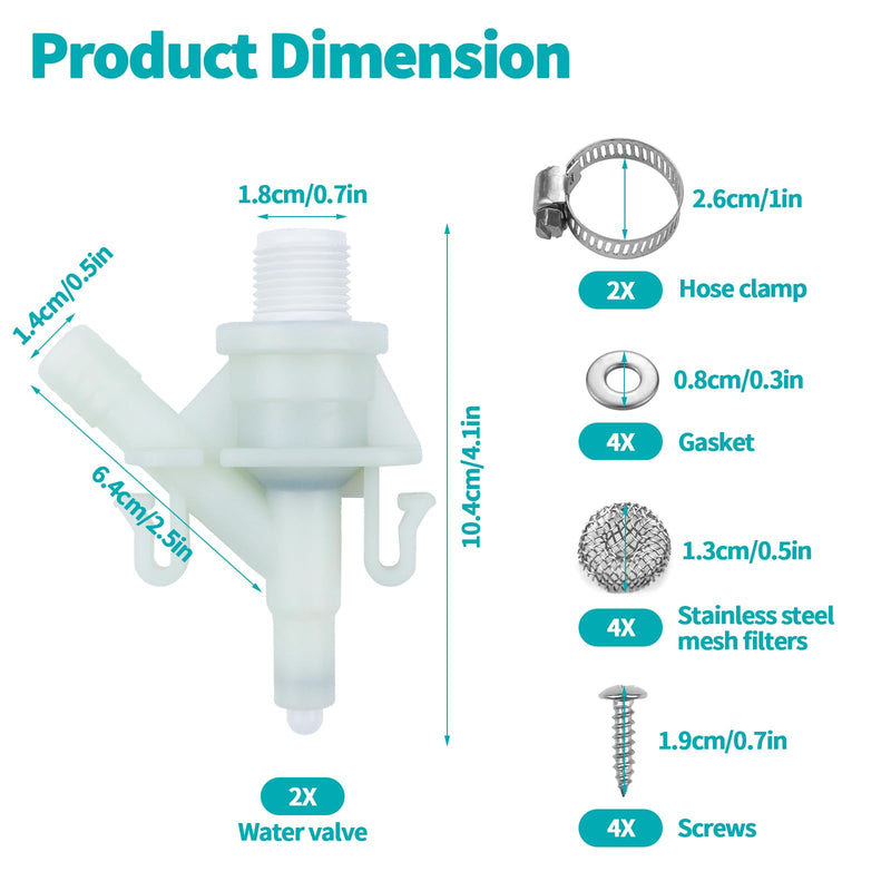 2 Pack 385311641 RV Toilet Water Valve Replacement Kit, Durable Plastic Water Valve Kit, for 300 310 320 Series for Dometic and Sealand Marine Toilet, Includes Hose Clamp and Fasteners 2