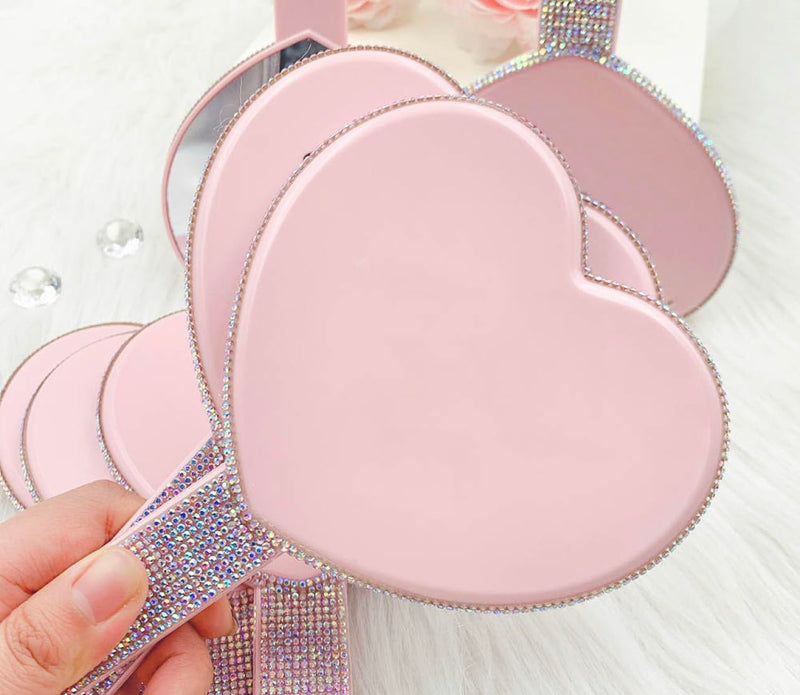 Generic Luxury 2 Pc Bling Diamond Rhinestone Heart Shaped Handheld Cosmetic Travel Mirror (Pink and Black)