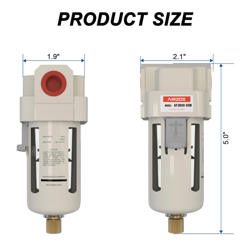3/8" NPT Air Dryer for Compressor - Air Compressor Water Separator AF3000-03, Manual Drain,5 Micron Brass Element, Poly Bowl, 0-150 psi Gauge 3/8" NPT