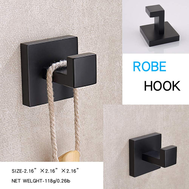 TASTOS Bath Towel Hooks Matte Black, 2 Pack Stainless Steel Robe Coat and Clothes Hook, Heavy Duty Wall Hook for Bathroom & Kitchen, Modern Square Style Wall Mounted (Black) Square Size