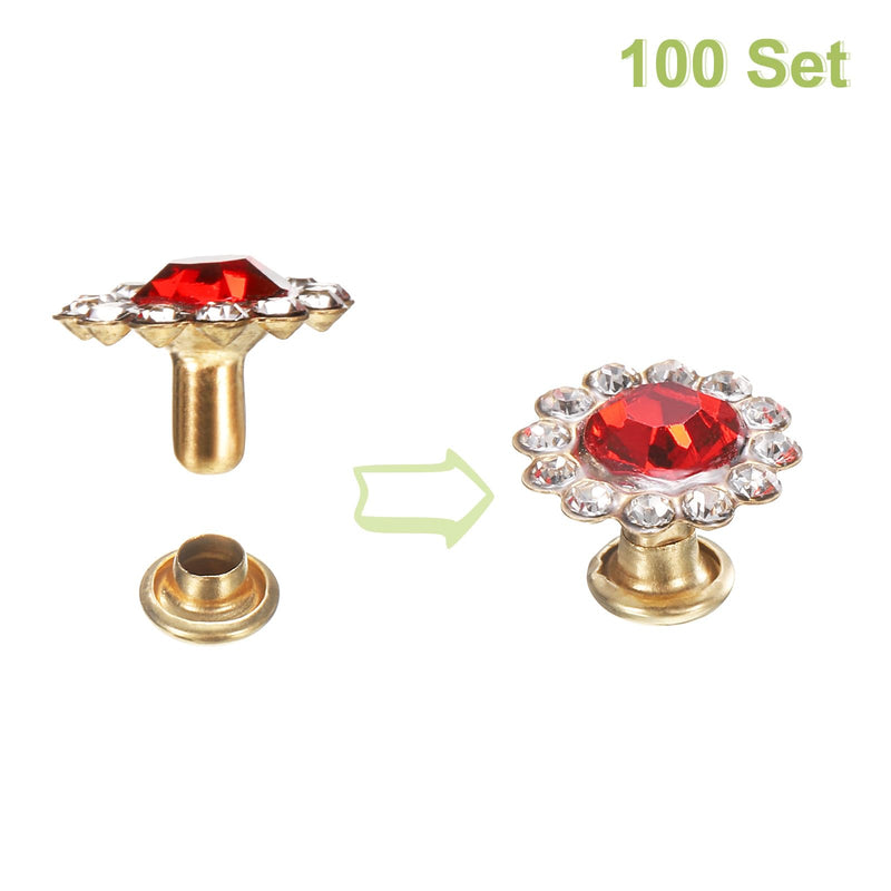 HARFINGTON 100 Set Rhinestone Rivets Studs 11mm Crystal Rivets Sun Flower Diamond Spots Leathercraft Studs for Clothing Leather Fabric Decoration, Red