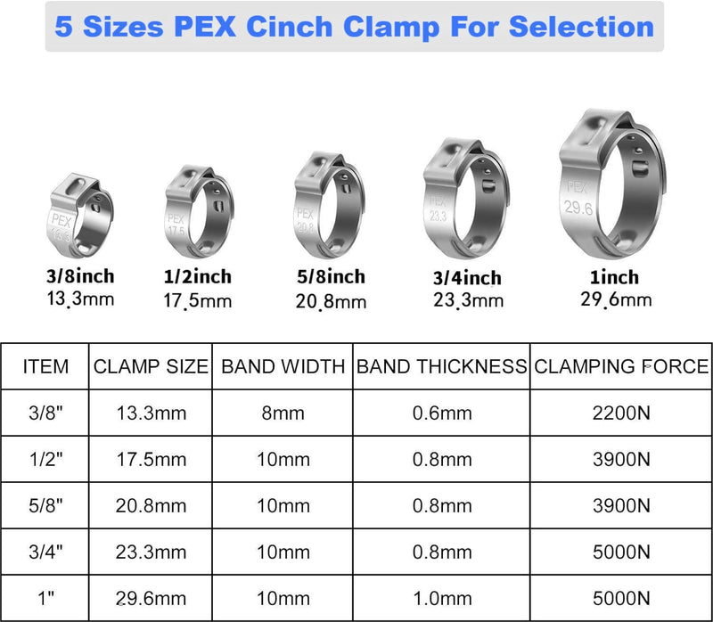 50Pcs 15mm-17.5mm （1/2"）Single Ear Hose Clamp Hose Crimp Clamps Ear Crimp Rings Ear Stepless Hose Clamp Pinch Clamps for Hose Pipe Clamp Tools (1/2inch) 1/2inch
