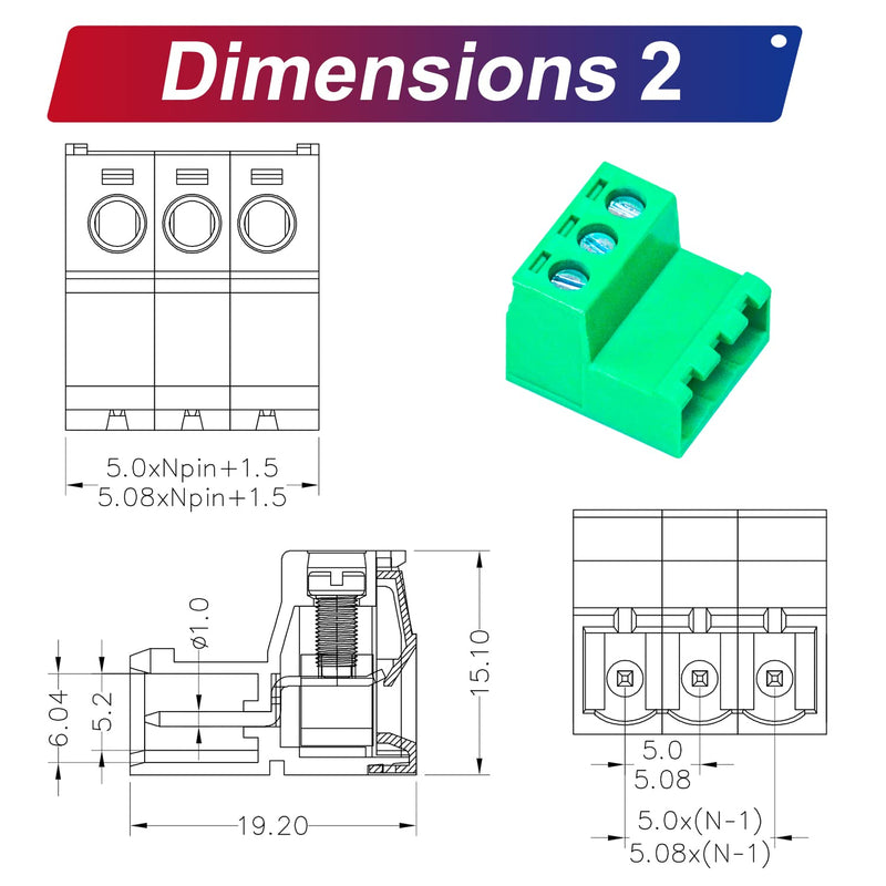 Tcenofoxy 5.08mm Male & Female 2/3/4/5/6/7/8/9/10/11/12/13/14/15/16/18/20/24 Pin Phoenix Connector No Soldering Green PCB Screw Terminal Block Connector (4Sets 5.08MF-3Pin) 5.08MM-3P-4Sets